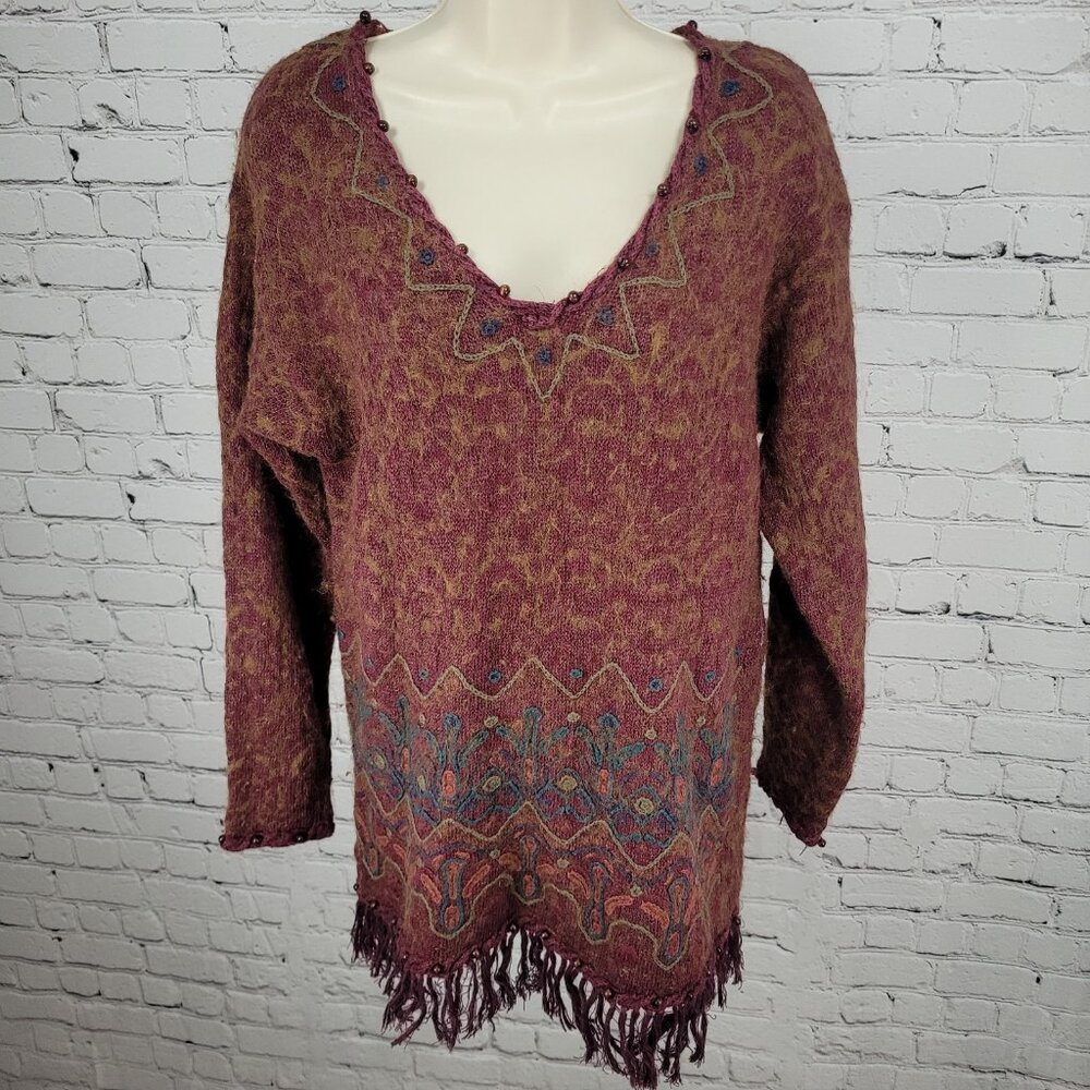 VTG Express Tricot Purple Wool Ramie Embroidered Beaded Sweater Size Medium M